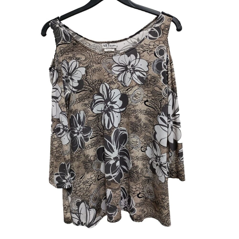 All Hours Womens Tunic Top Medium‎ Brown Floral Cold Shoulder Textured Stretch